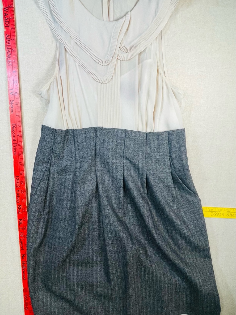 BCBG Cream and Gray Sleeveless Two-Tone Pleated Bodice Dress